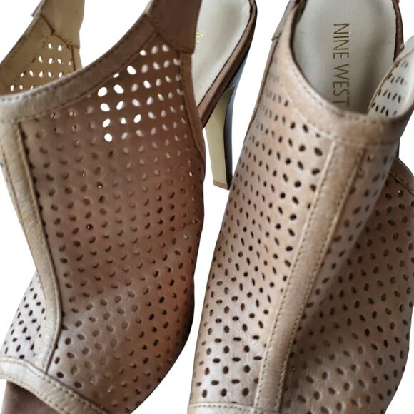 NINE WEST Perforated Leather Stacked Heel Peep Toe High Vamp Buckle Back Sandals - Picture 5 of 15